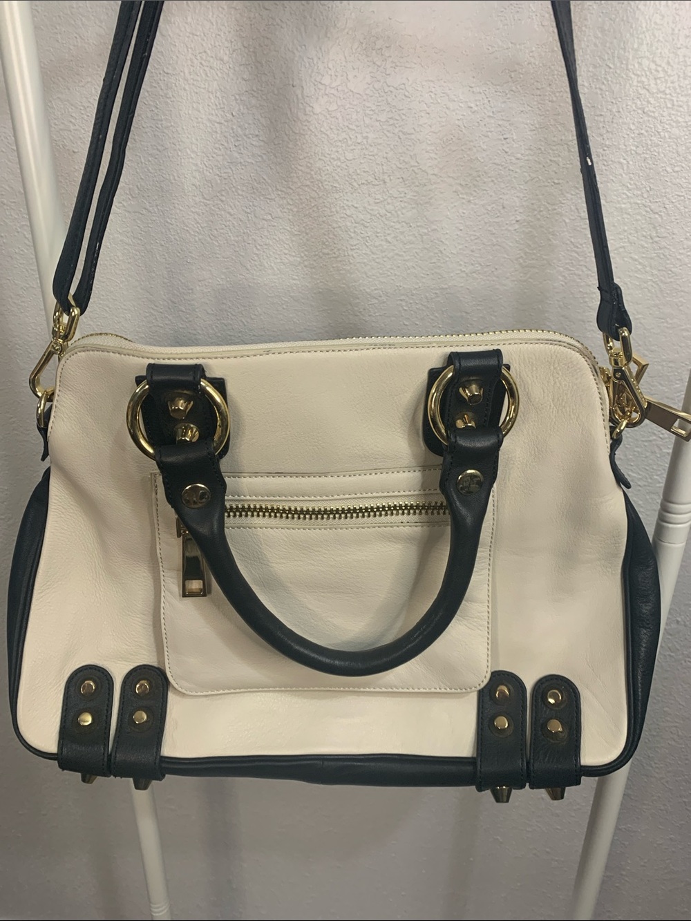 Linea Pelle Dylan lg Cream and Black Leather Satchel with Gold Accents
